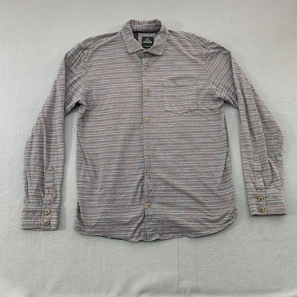 PrAna Shirt Mens XL Blue Striped Long Sleeve Button Up Knit Pocket Casual